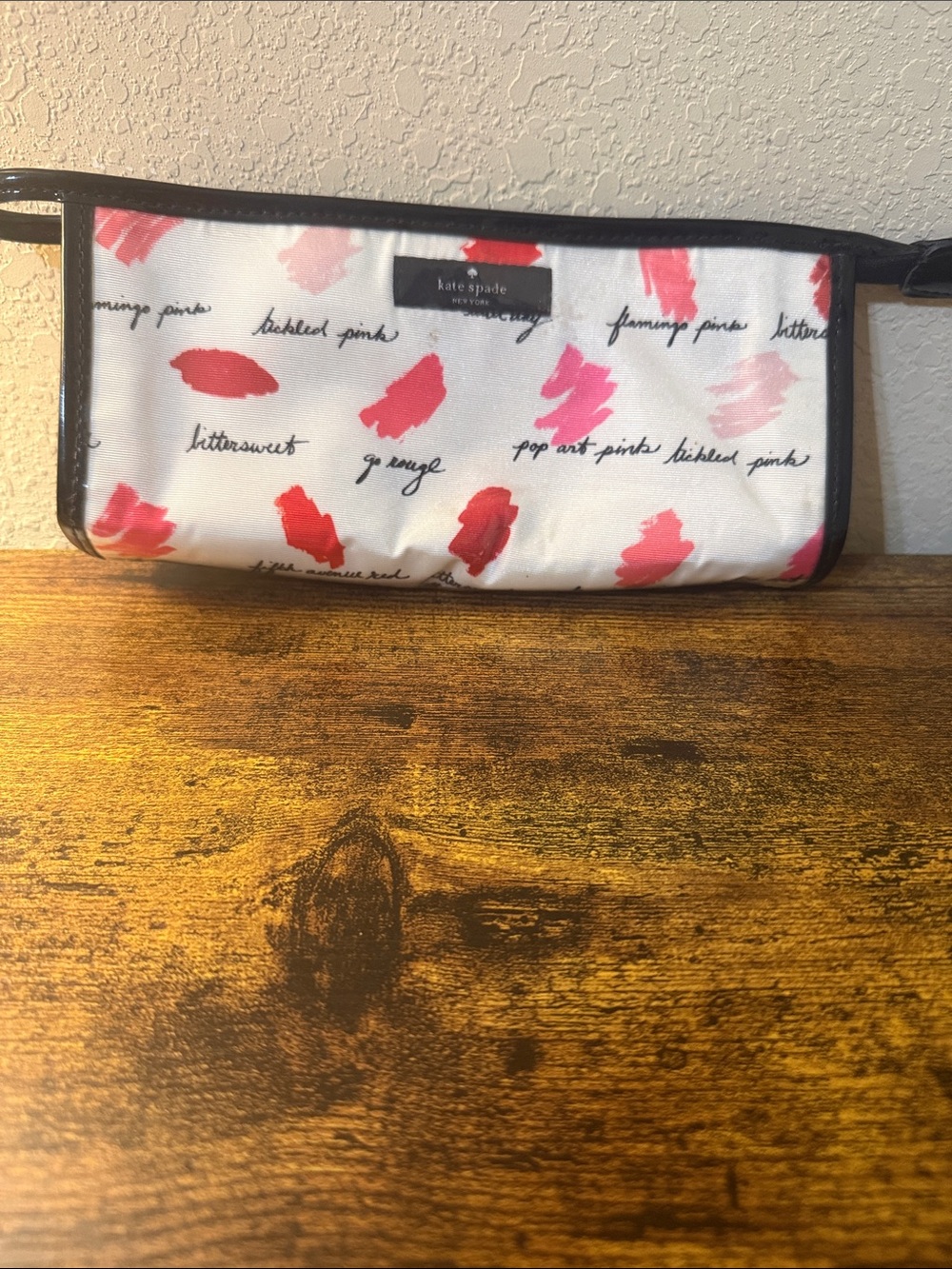 kate spade White Cosmetic Pouch with Pink & Red Brushstroke Print and Black Trim